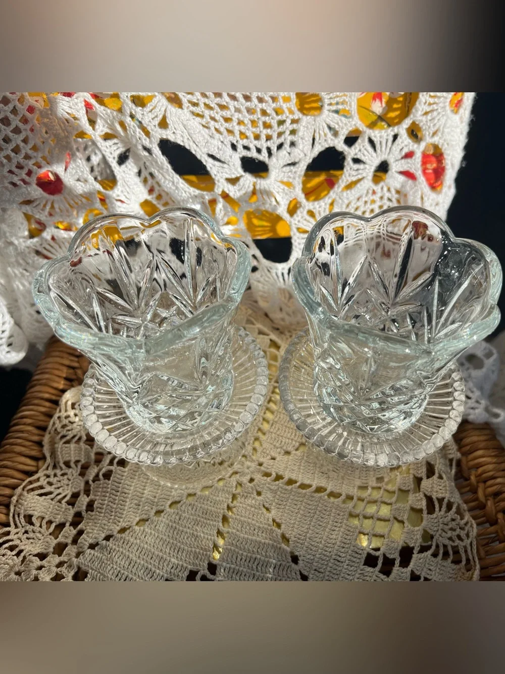 Clear crystal peg votives with bases Set of 2